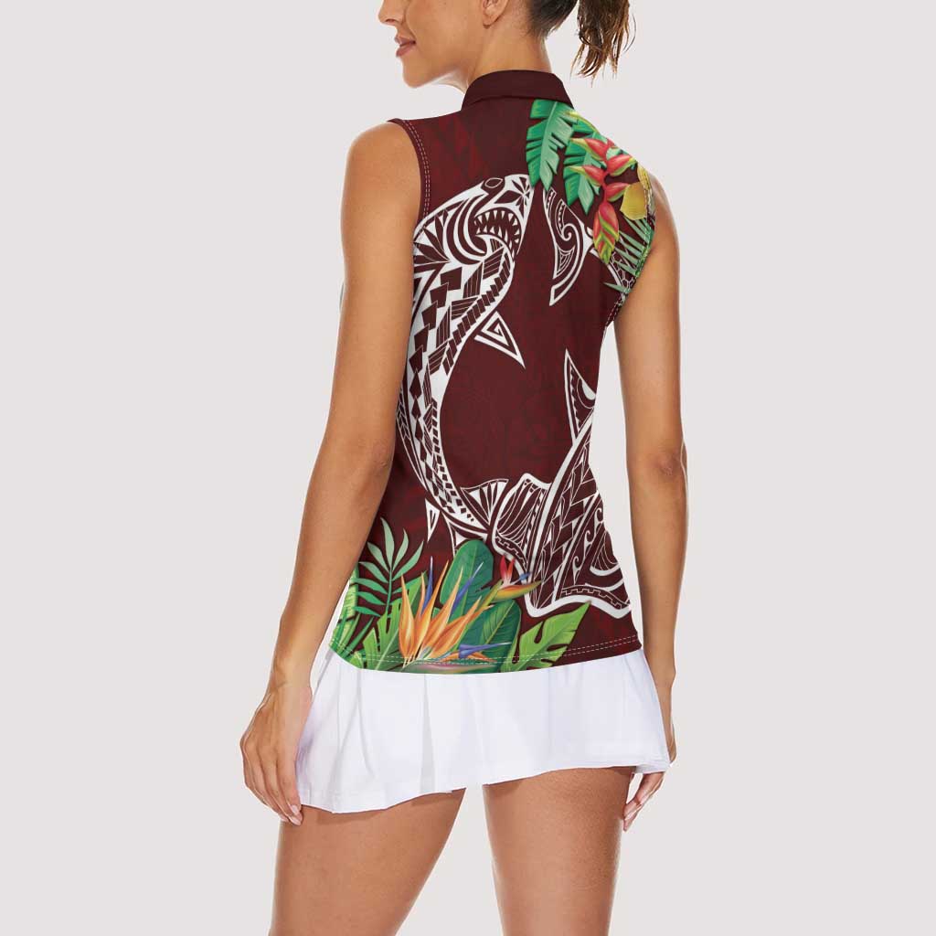 Polynesia Women Sleeveless Polo Shirt Sharks Duo Tropical Oxblood