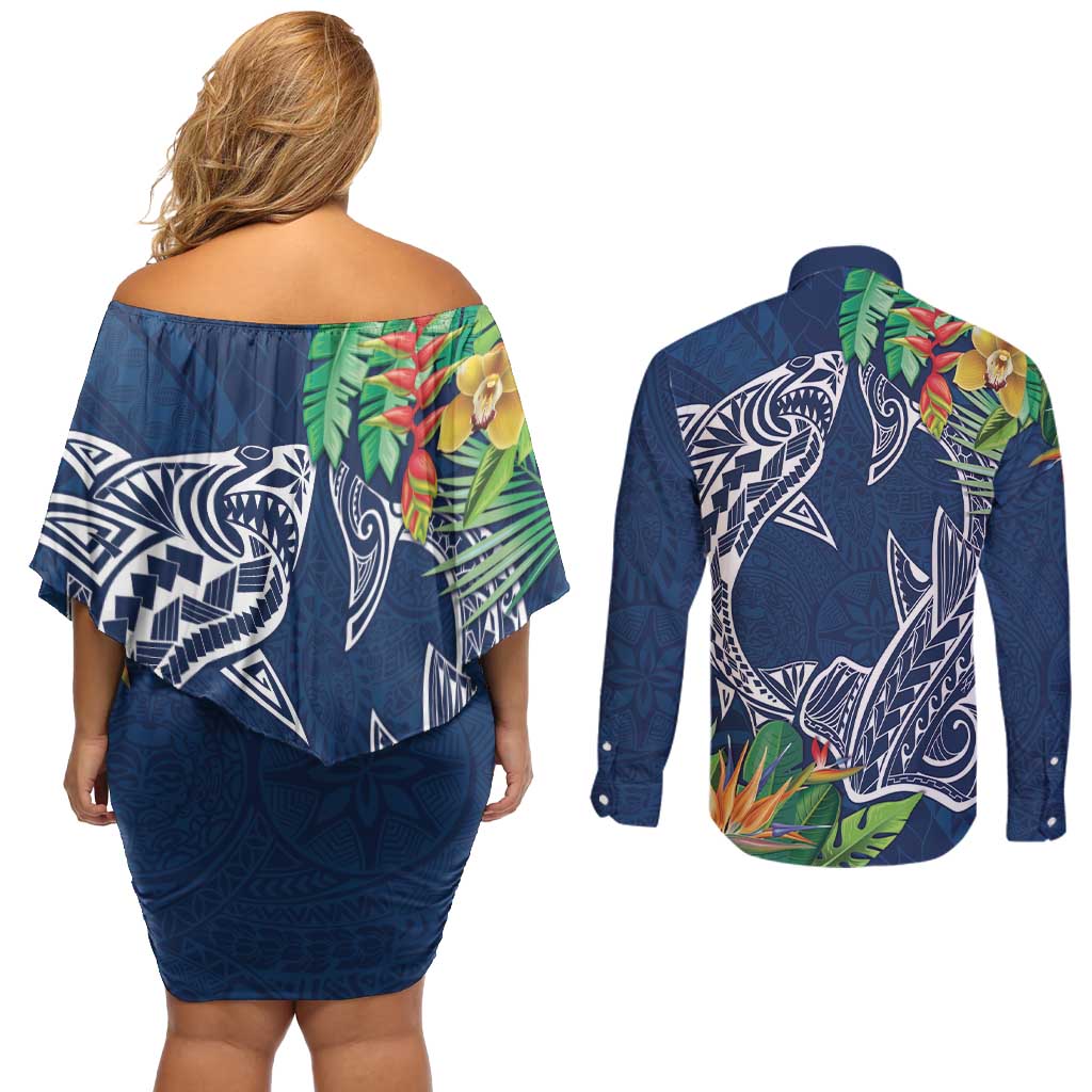 Polynesia Couples Matching Off Shoulder Short Dress and Long Sleeve Button Shirt Sharks Duo Tropical Navy