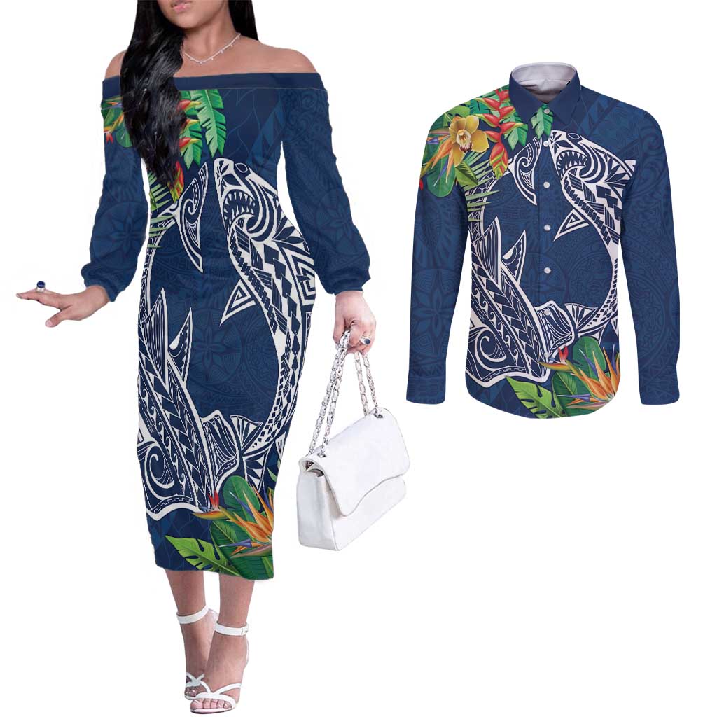 Polynesia Couples Matching Off The Shoulder Long Sleeve Dress and Long Sleeve Button Shirt Sharks Duo Tropical Navy