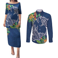 Polynesia Couples Matching Puletasi and Long Sleeve Button Shirt Sharks Duo Tropical Navy