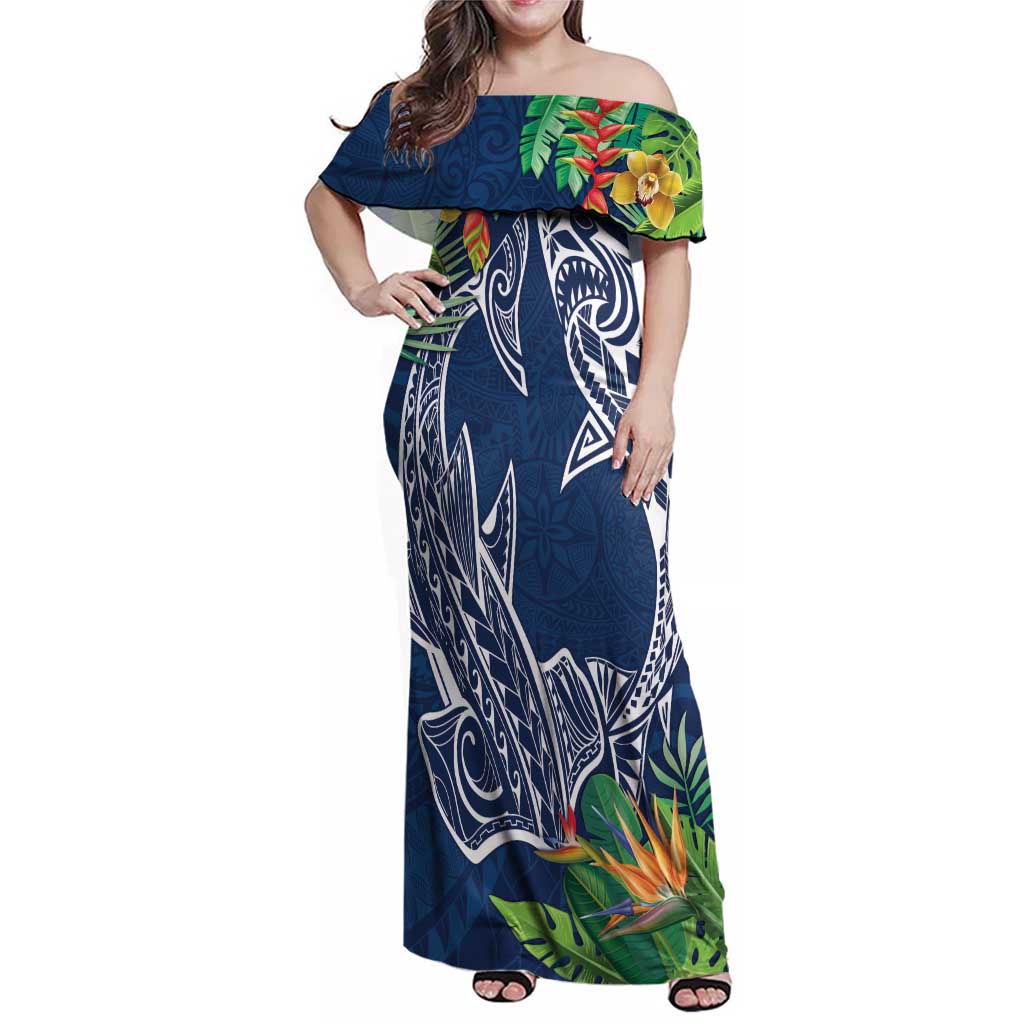 Polynesia Family Matching Off Shoulder Maxi Dress and Hawaiian Shirt Sharks Duo Tropical Navy