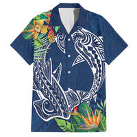 Polynesia Family Matching Off Shoulder Short Dress and Hawaiian Shirt Sharks Duo Tropical Navy LT7 Dad's Shirt - Short Sleeve Navy - Polynesian Pride