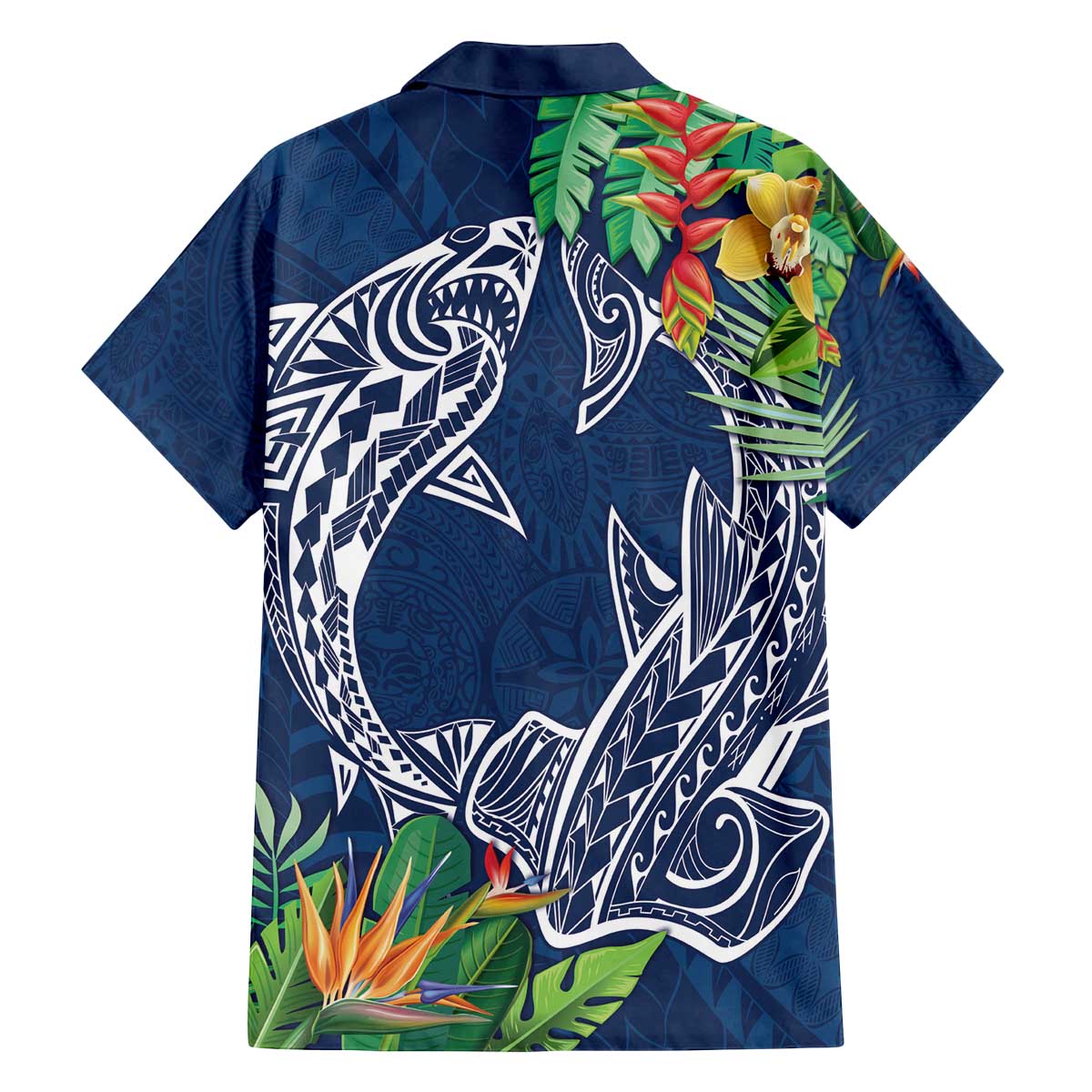 Polynesia Family Matching Off Shoulder Short Dress and Hawaiian Shirt Sharks Duo Tropical Navy LT7 - Polynesian Pride