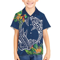 Polynesia Family Matching Off Shoulder Short Dress and Hawaiian Shirt Sharks Duo Tropical Navy LT7 Son's Shirt Navy - Polynesian Pride