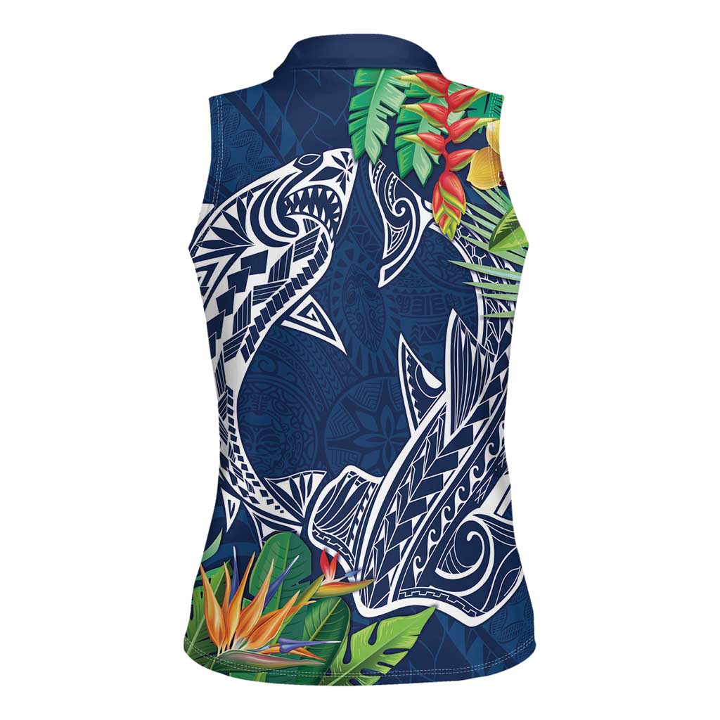 Polynesia Women Sleeveless Polo Shirt Sharks Duo Tropical Navy