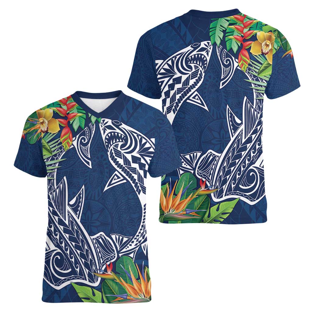 Polynesia Women V-Neck T-Shirt Sharks Duo Tropical Navy