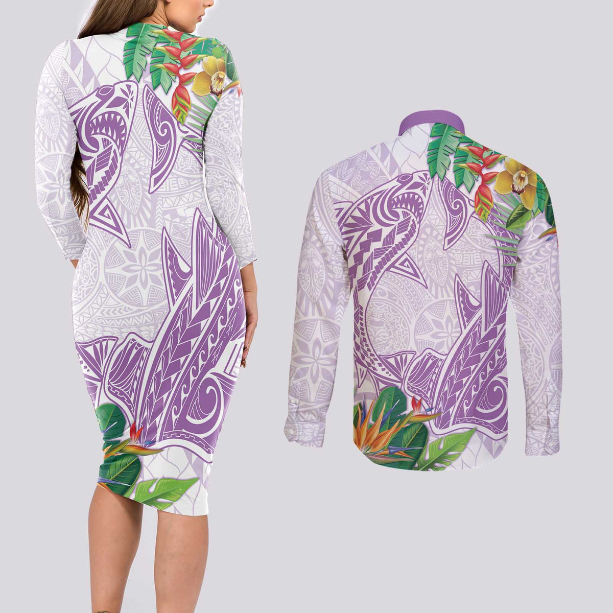 Polynesia Couples Matching Long Sleeve Bodycon Dress and Long Sleeve Button Shirt Sharks Duo Tropical Lavender