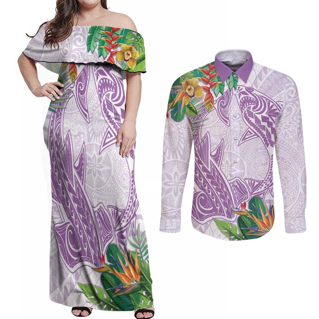 Polynesia Couples Matching Off Shoulder Maxi Dress and Long Sleeve Button Shirt Sharks Duo Tropical Lavender