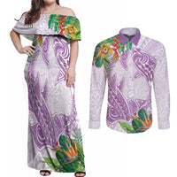 Polynesia Couples Matching Off Shoulder Maxi Dress and Long Sleeve Button Shirt Sharks Duo Tropical Lavender