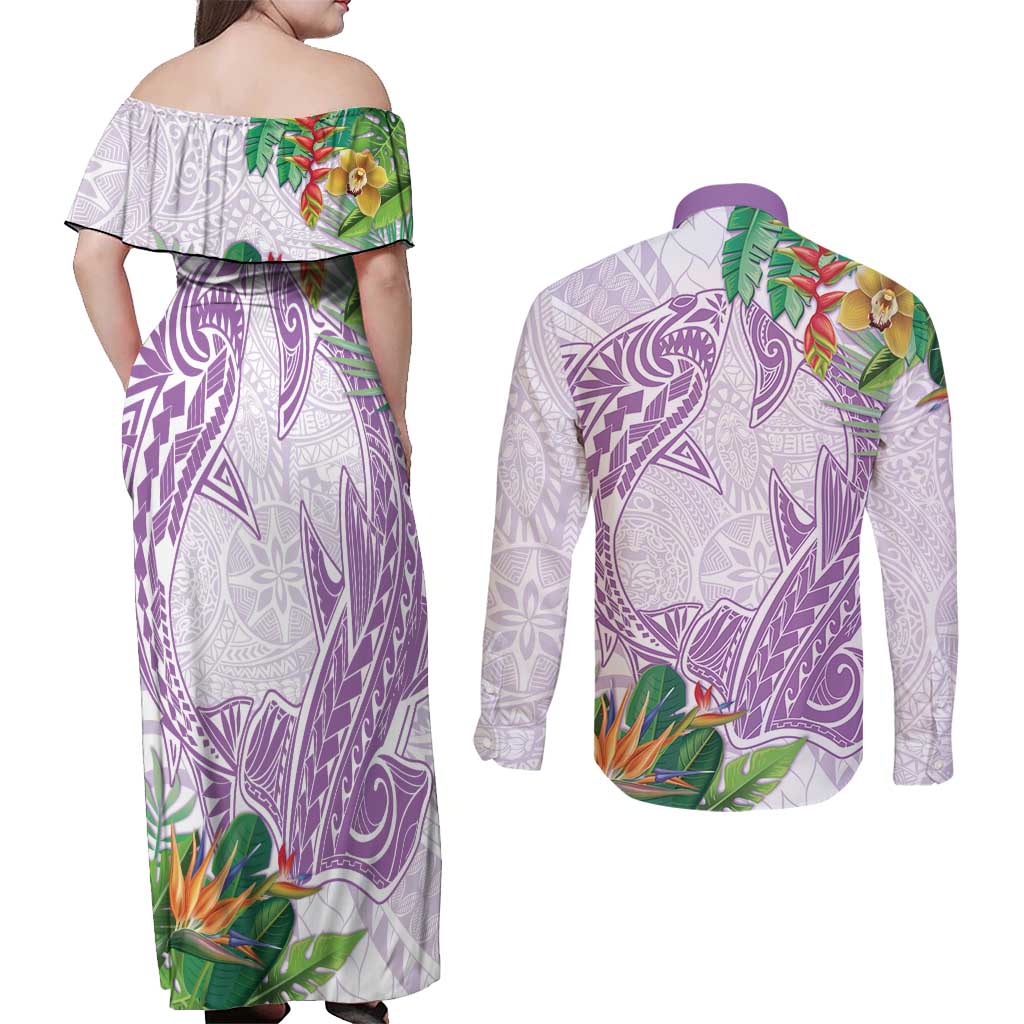 Polynesia Couples Matching Off Shoulder Maxi Dress and Long Sleeve Button Shirt Sharks Duo Tropical Lavender
