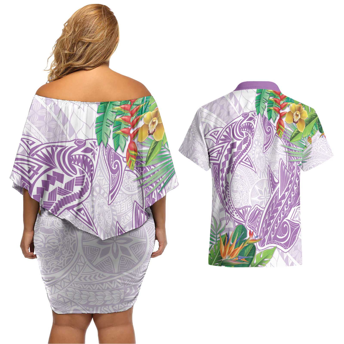 Polynesia Couples Matching Off Shoulder Short Dress and Hawaiian Shirt Sharks Duo Tropical Lavender