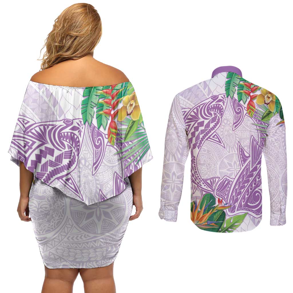 Polynesia Couples Matching Off Shoulder Short Dress and Long Sleeve Button Shirt Sharks Duo Tropical Lavender