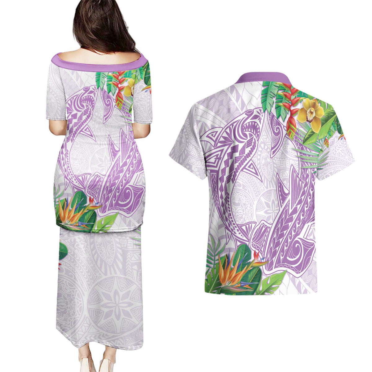 Polynesia Couples Matching Puletasi and Hawaiian Shirt Sharks Duo Tropical Lavender