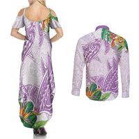 Polynesia Couples Matching Summer Maxi Dress and Long Sleeve Button Shirt Sharks Duo Tropical Lavender