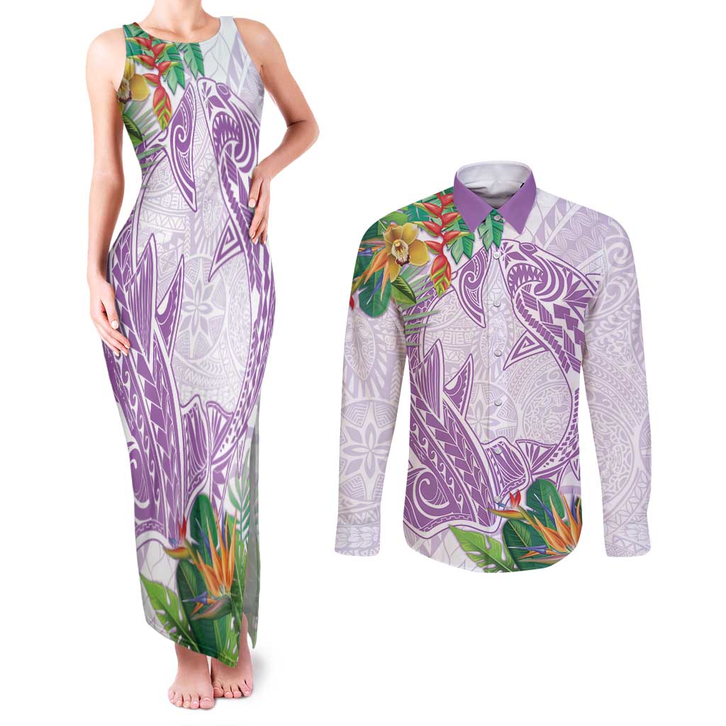 Polynesia Couples Matching Tank Maxi Dress and Long Sleeve Button Shirt Sharks Duo Tropical Lavender