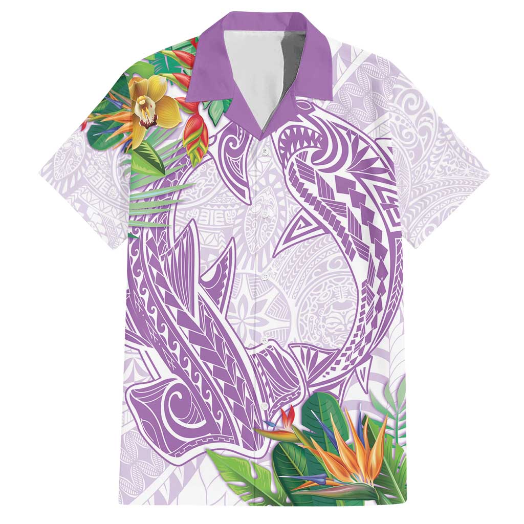 Polynesia Family Matching Short Sleeve Bodycon Dress and Hawaiian Shirt Sharks Duo Tropical Lavender