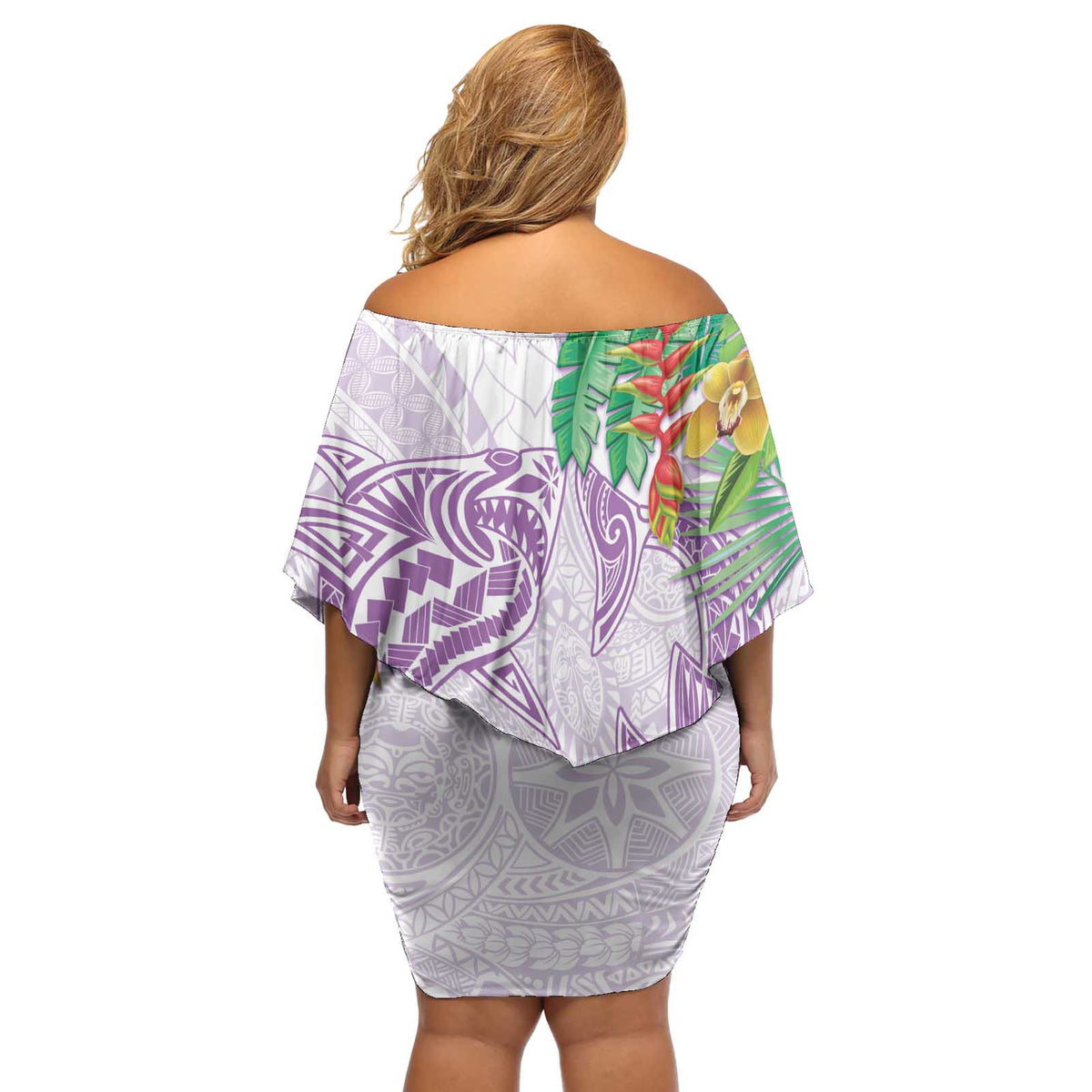 Polynesia Off Shoulder Short Dress Sharks Duo Tropical Lavender