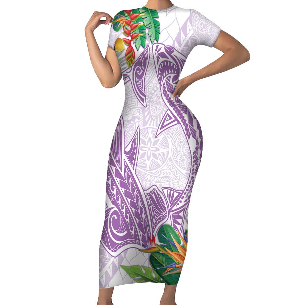 Polynesia Short Sleeve Bodycon Dress Sharks Duo Tropical Lavender LT7 Long Dress Lavender - Polynesian Pride