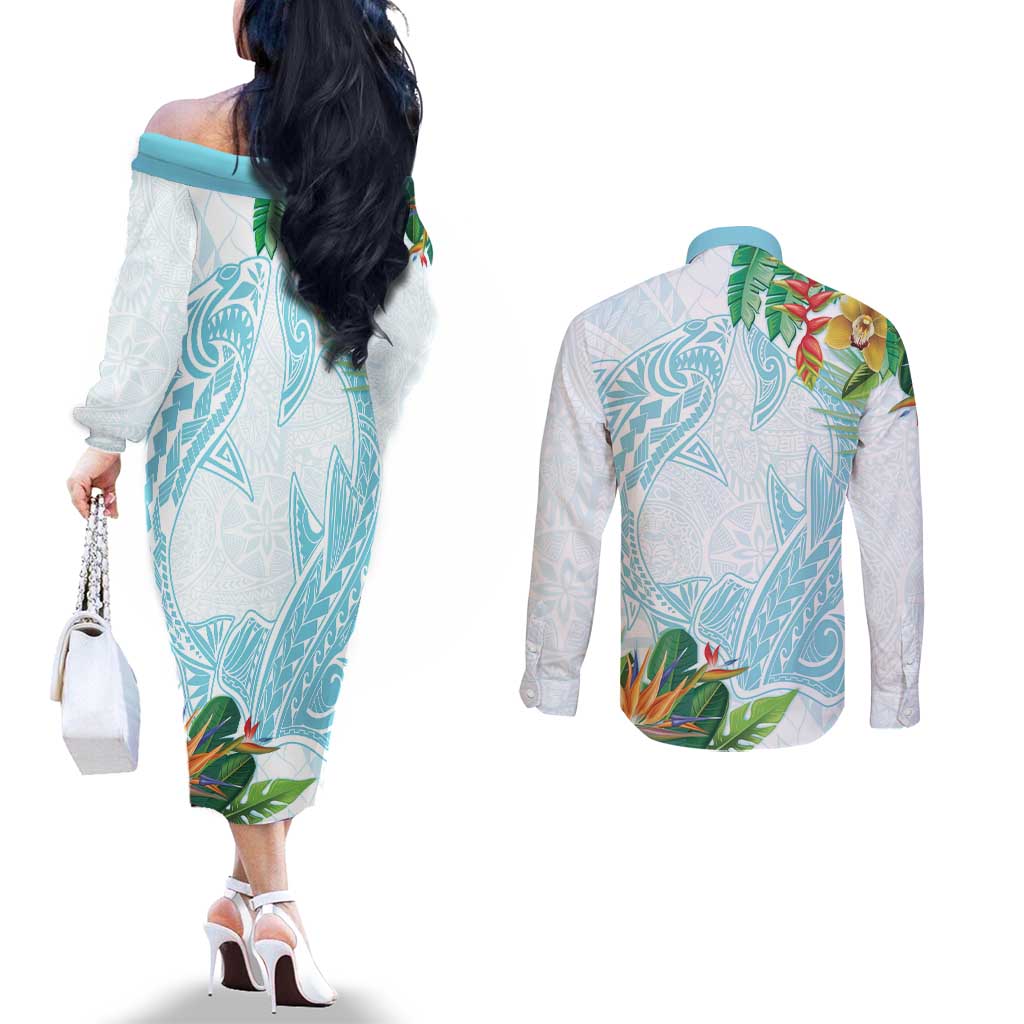 Polynesia Couples Matching Off The Shoulder Long Sleeve Dress and Long Sleeve Button Shirt Sharks Duo Tropical Turquoise