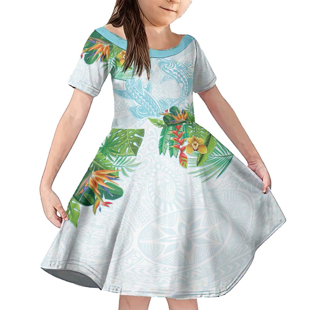 Polynesia Family Matching Off The Shoulder Long Sleeve Dress and Hawaiian Shirt Sharks Duo Tropical Turquoise