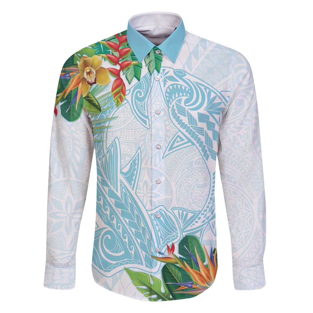 Polynesia Family Matching Off The Shoulder Long Sleeve Dress and Hawaiian Shirt Sharks Duo Tropical Turquoise