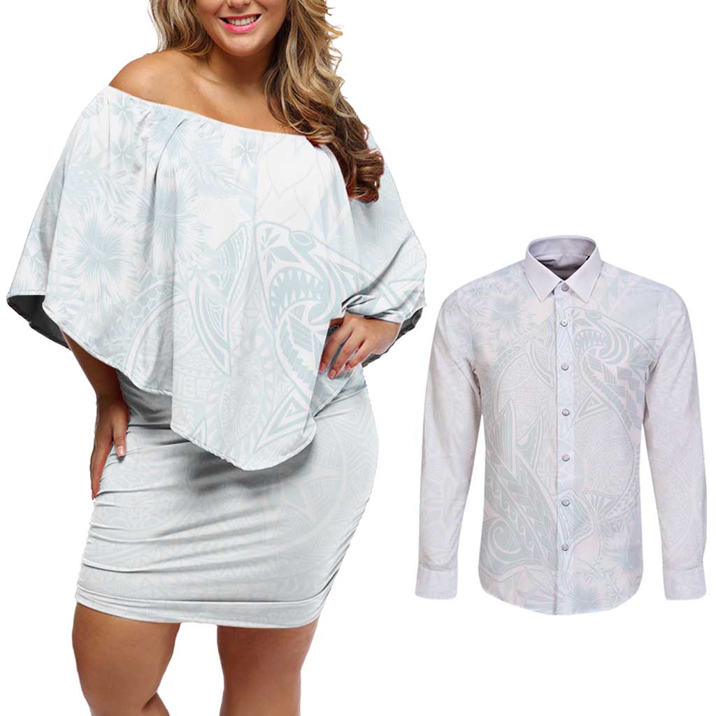 Polynesia Couples Matching Off Shoulder Short Dress and Long Sleeve Button Shirt Sharks Duo Tropical Off White