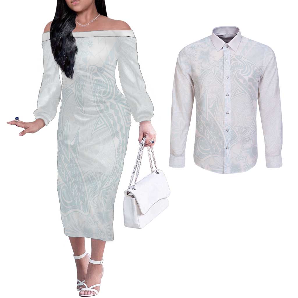 Polynesia Couples Matching Off The Shoulder Long Sleeve Dress and Long Sleeve Button Shirt Sharks Duo Tropical Off White