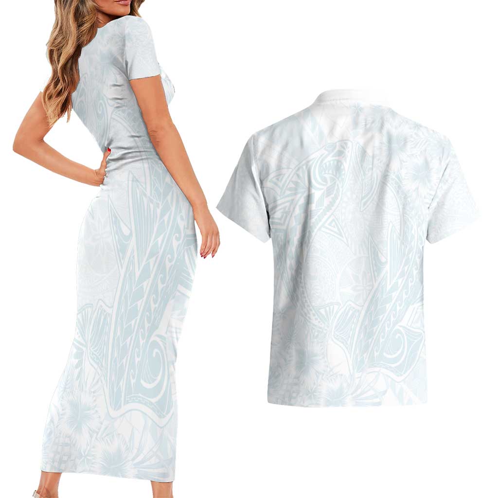 Polynesia Couples Matching Short Sleeve Bodycon Dress and Hawaiian Shirt Sharks Duo Tropical Off White