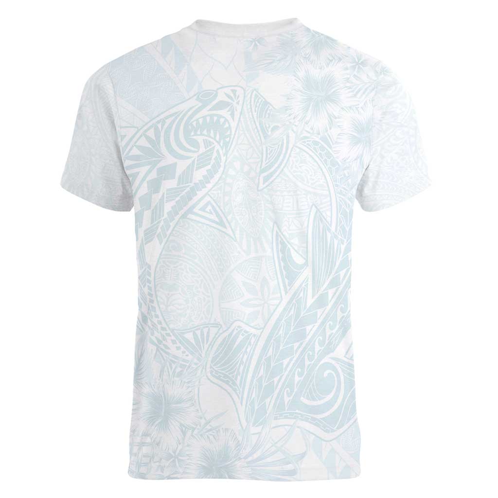 Polynesia Women V-Neck T-Shirt Sharks Duo Tropical Off White