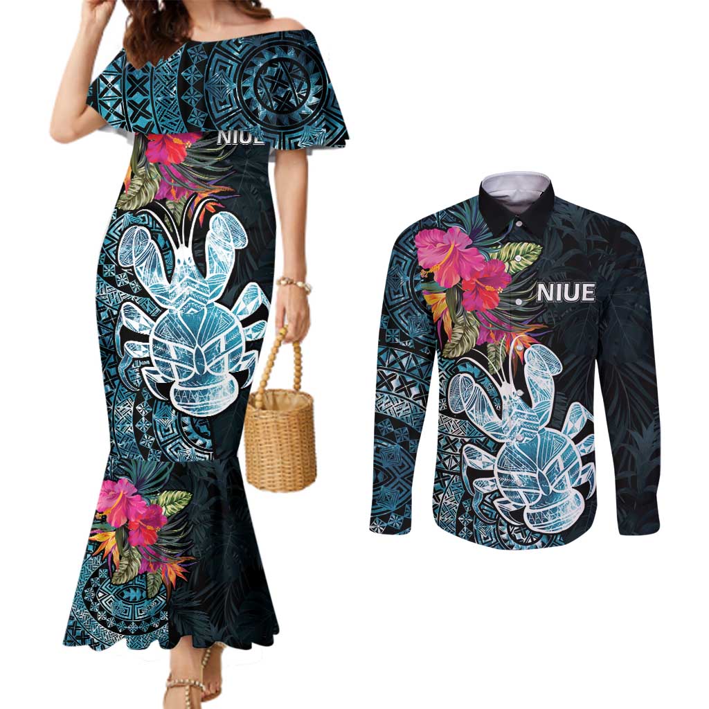 Niue Personalised Couples Matching Mermaid Dress and Long Sleeve Button Shirt Hiapo Mix Coconut Crab LT7 Art - Polynesian Pride