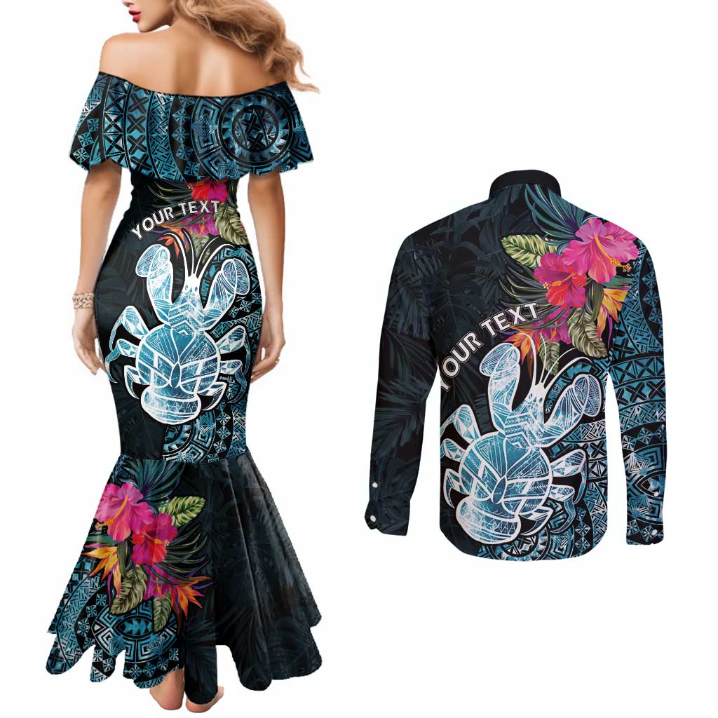 Niue Personalised Couples Matching Mermaid Dress and Long Sleeve Button Shirt Hiapo Mix Coconut Crab LT7 - Polynesian Pride