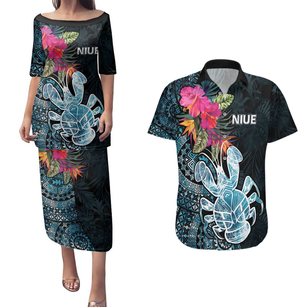 Niue Personalised Couples Matching Puletasi and Hawaiian Shirt Hiapo Mix Coconut Crab