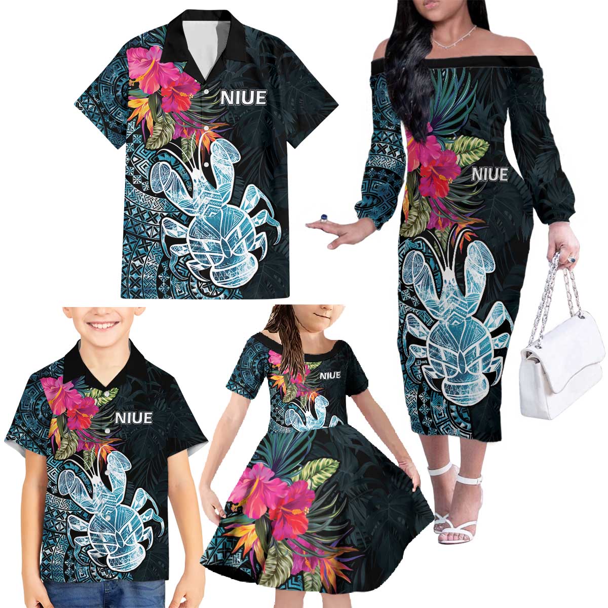 Niue Personalised Family Matching Off The Shoulder Long Sleeve Dress and Hawaiian Shirt Hiapo Mix Coconut Crab LT7 - Polynesian Pride