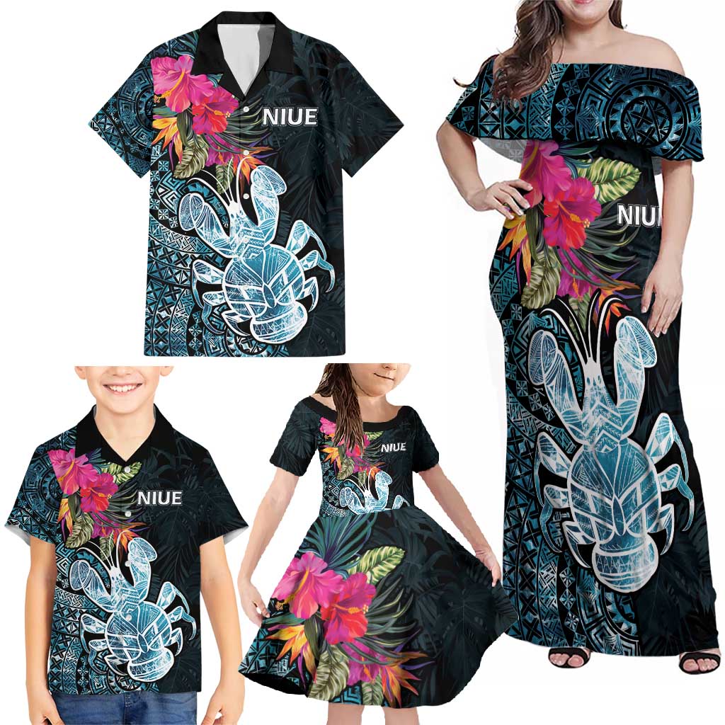 Niue Personalised Family Matching Off Shoulder Maxi Dress and Hawaiian Shirt Hiapo Mix Coconut Crab LT7 - Polynesian Pride