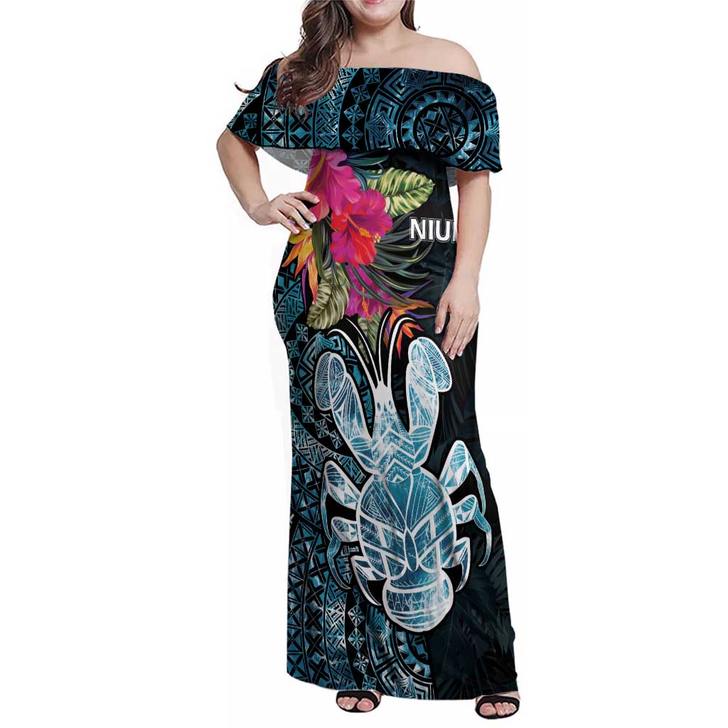 Niue Personalised Family Matching Off Shoulder Maxi Dress and Hawaiian Shirt Hiapo Mix Coconut Crab LT7 Mom's Dress Art - Polynesian Pride