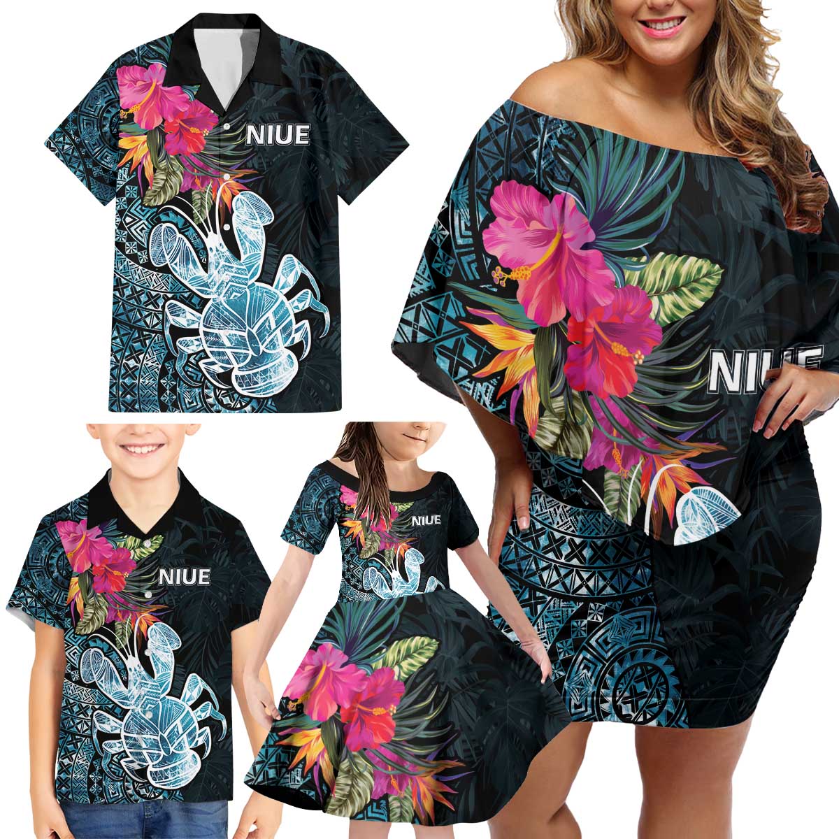 Niue Personalised Family Matching Off Shoulder Short Dress and Hawaiian Shirt Hiapo Mix Coconut Crab LT7 - Polynesian Pride