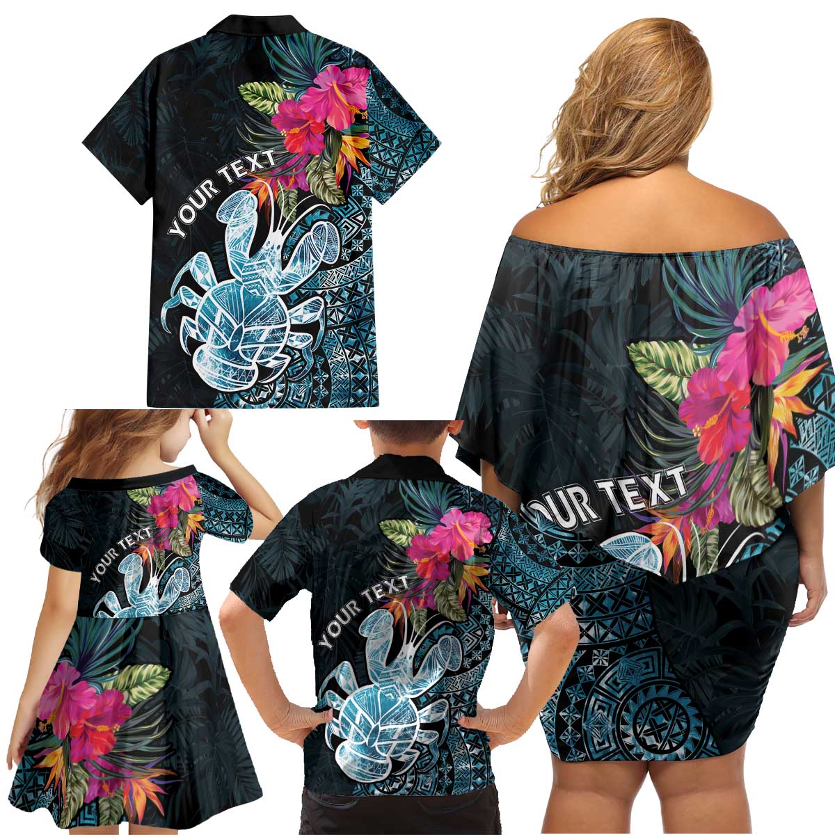 Niue Personalised Family Matching Off Shoulder Short Dress and Hawaiian Shirt Hiapo Mix Coconut Crab LT7 - Polynesian Pride
