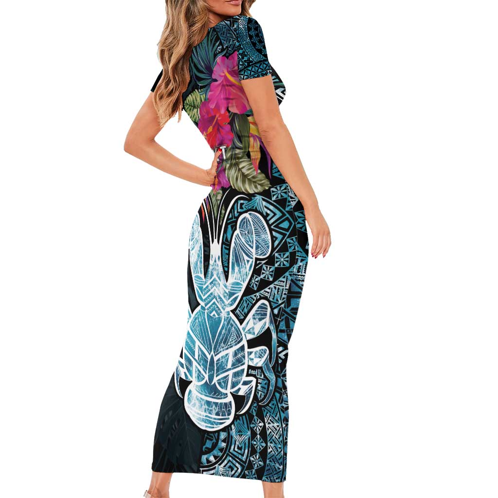 Niue Personalised Family Matching Short Sleeve Bodycon Dress and Hawaiian Shirt Hiapo Mix Coconut Crab LT7 - Polynesian Pride