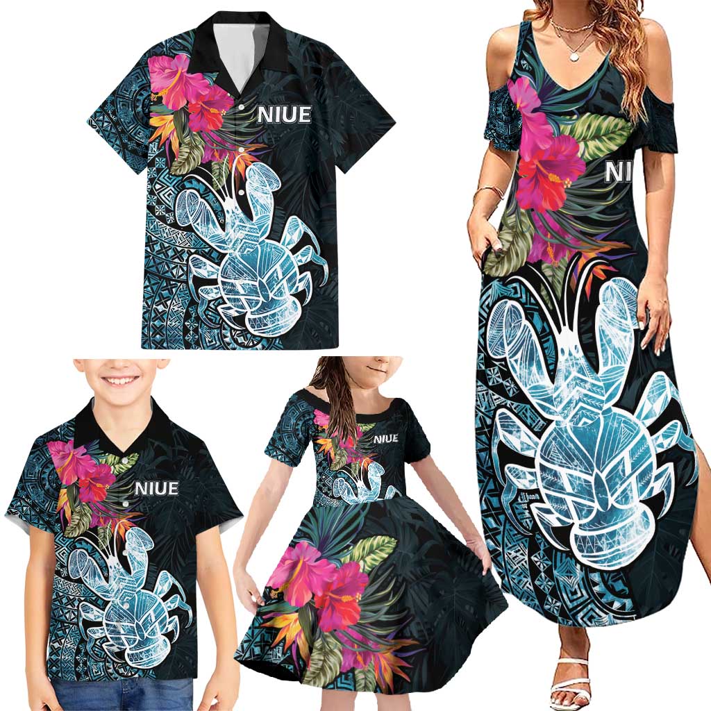 Niue Personalised Family Matching Summer Maxi Dress and Hawaiian Shirt Hiapo Mix Coconut Crab LT7 - Polynesian Pride