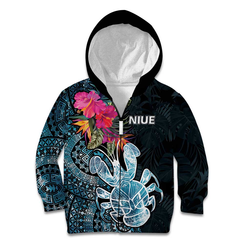 Niue Personalised Kid Hoodie Hiapo Mix Coconut Crab LT7 Zip Hoodie Art - Polynesian Pride