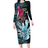 Niue Personalised Long Sleeve Bodycon Dress Hiapo Mix Coconut Crab LT7 Long Dress Art - Polynesian Pride