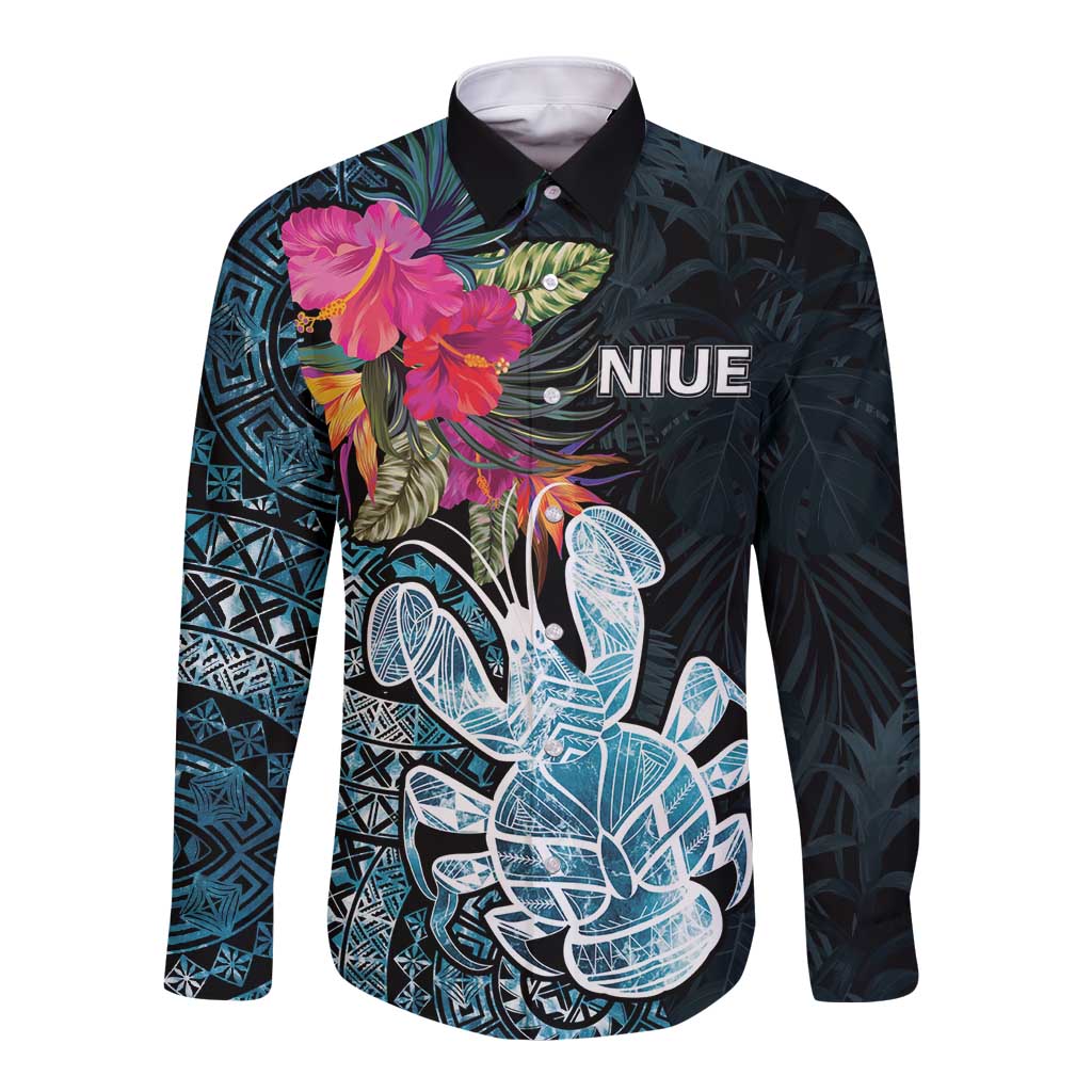Niue Personalised Long Sleeve Button Shirt Hiapo Mix Coconut Crab LT7 Unisex Art - Polynesian Pride