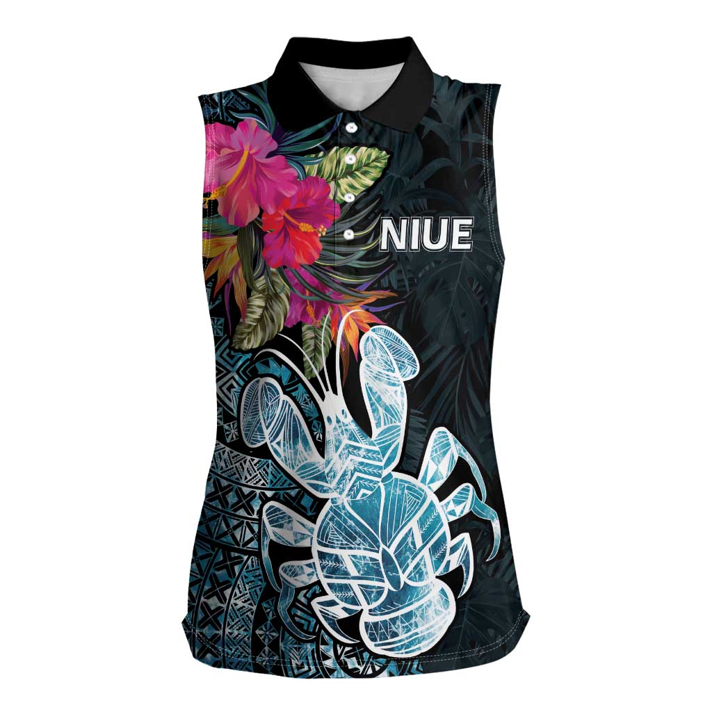 Niue Personalised Women Sleeveless Polo Shirt Hiapo Mix Coconut Crab