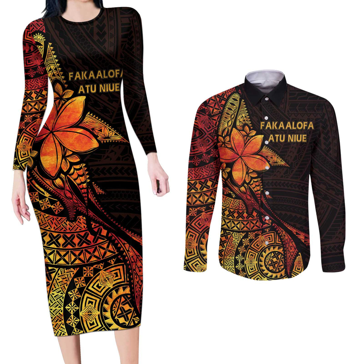 Niue Fakaalofa Atu Personalised Couples Matching Long Sleeve Bodycon Dress and Long Sleeve Button Shirt Whale Hiapo Fiery Motif LT7 Art - Polynesian Pride