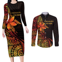 Niue Fakaalofa Atu Personalised Couples Matching Long Sleeve Bodycon Dress and Long Sleeve Button Shirt Whale Hiapo Fiery Motif LT7 Art - Polynesian Pride