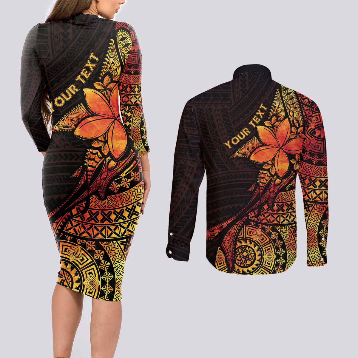 Niue Fakaalofa Atu Personalised Couples Matching Long Sleeve Bodycon Dress and Long Sleeve Button Shirt Whale Hiapo Fiery Motif LT7 - Polynesian Pride