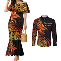 Niue Fakaalofa Atu Personalised Couples Matching Mermaid Dress and Long Sleeve Button Shirt Whale Hiapo Fiery Motif LT7 Art - Polynesian Pride