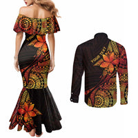 Niue Fakaalofa Atu Personalised Couples Matching Mermaid Dress and Long Sleeve Button Shirt Whale Hiapo Fiery Motif LT7 - Polynesian Pride