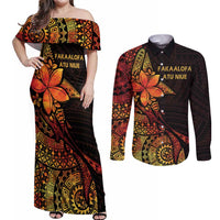 Niue Fakaalofa Atu Personalised Couples Matching Off Shoulder Maxi Dress and Long Sleeve Button Shirt Whale Hiapo Fiery Motif LT7 Art - Polynesian Pride