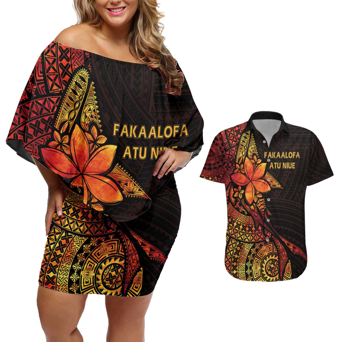 Niue Fakaalofa Atu Personalised Couples Matching Off Shoulder Short Dress and Hawaiian Shirt Whale Hiapo Fiery Motif LT7 Art - Polynesian Pride